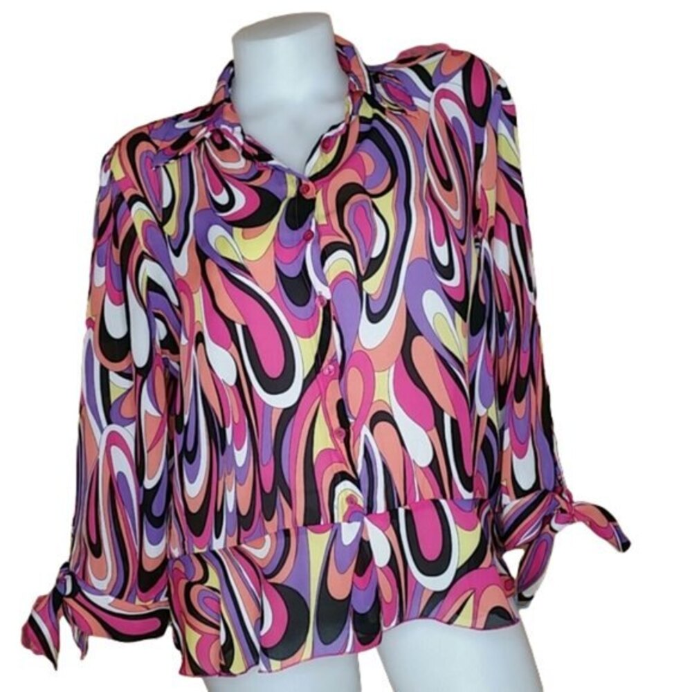 Sunny Leigh Groovy Multicolored Swirl Button Front Blouse Womens Size Medium